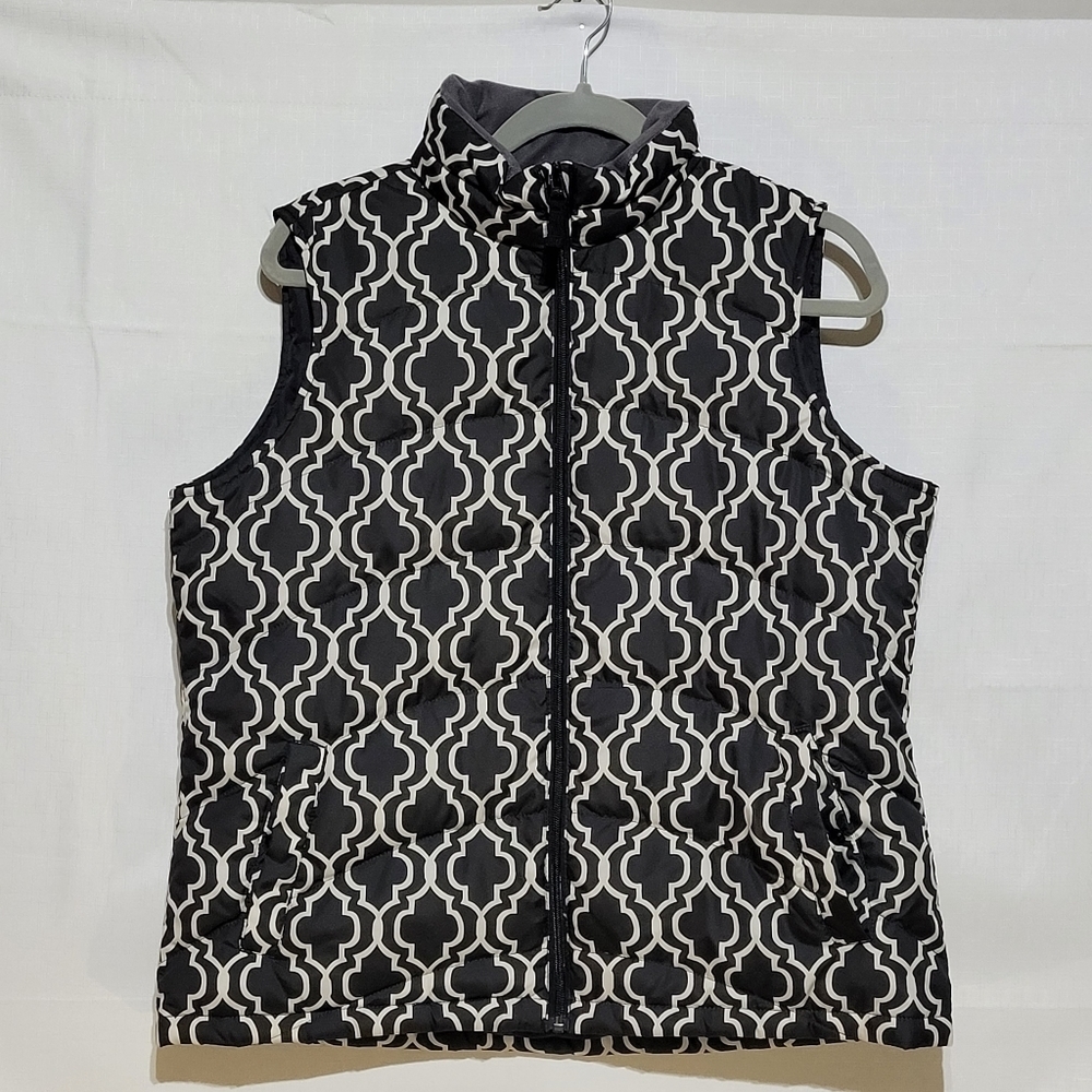 Land's End NWOT Puffer Vest Black and White Zippered Front Collar Pockets -295